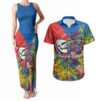 Newcastle Knights Couples Matching Tank Maxi Dress and Hawaiian Shirt Golden Wattle Floral Polynesian - Australian Flower - Rugby Mascot