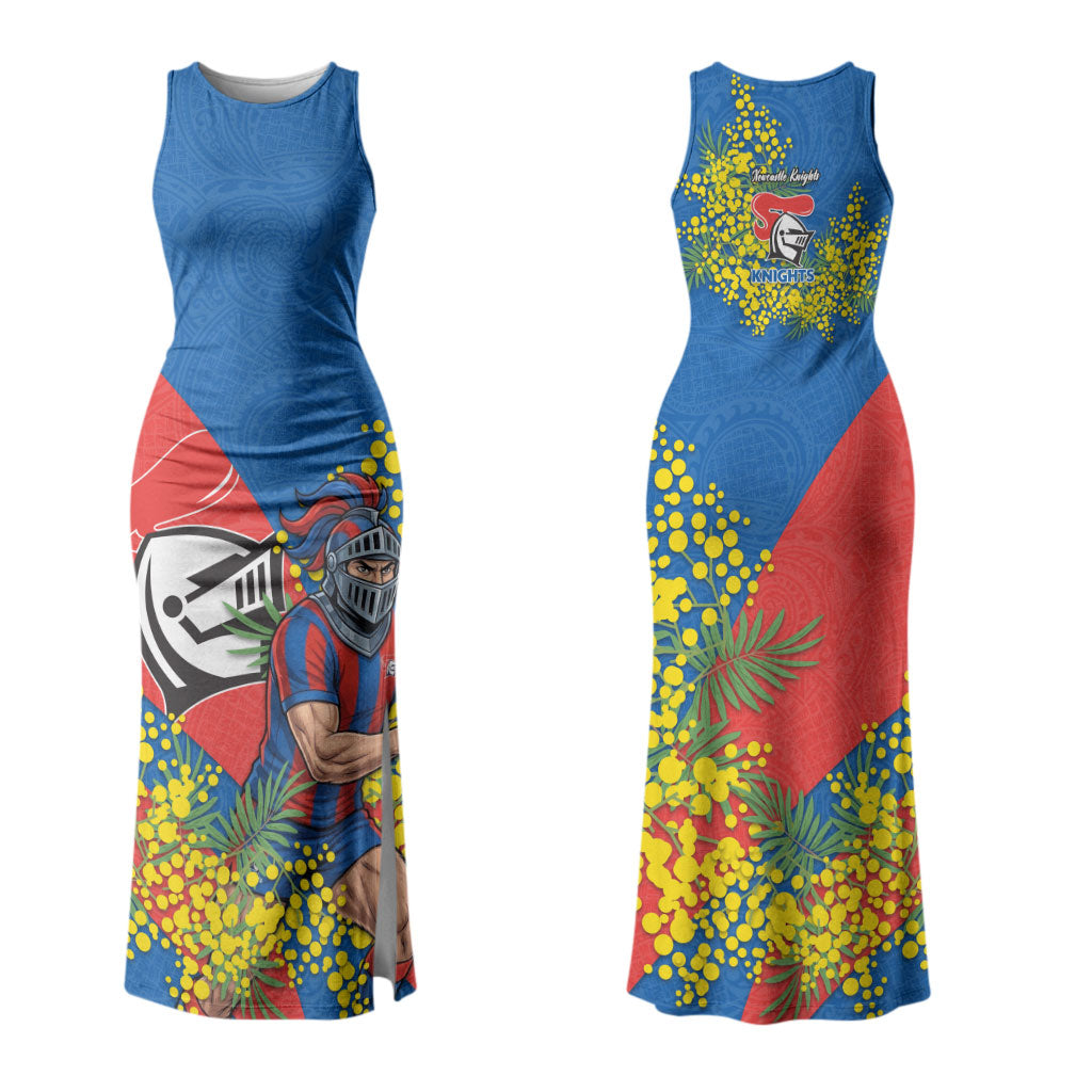 Newcastle Knights Couples Matching Tank Maxi Dress and Hawaiian Shirt Golden Wattle Floral Polynesian - Australian Flower - Rugby Mascot