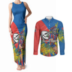 Newcastle Knights Couples Matching Tank Maxi Dress and Long Sleeve Button Shirt Golden Wattle Floral Polynesian - Australian Flower - Rugby Mascot
