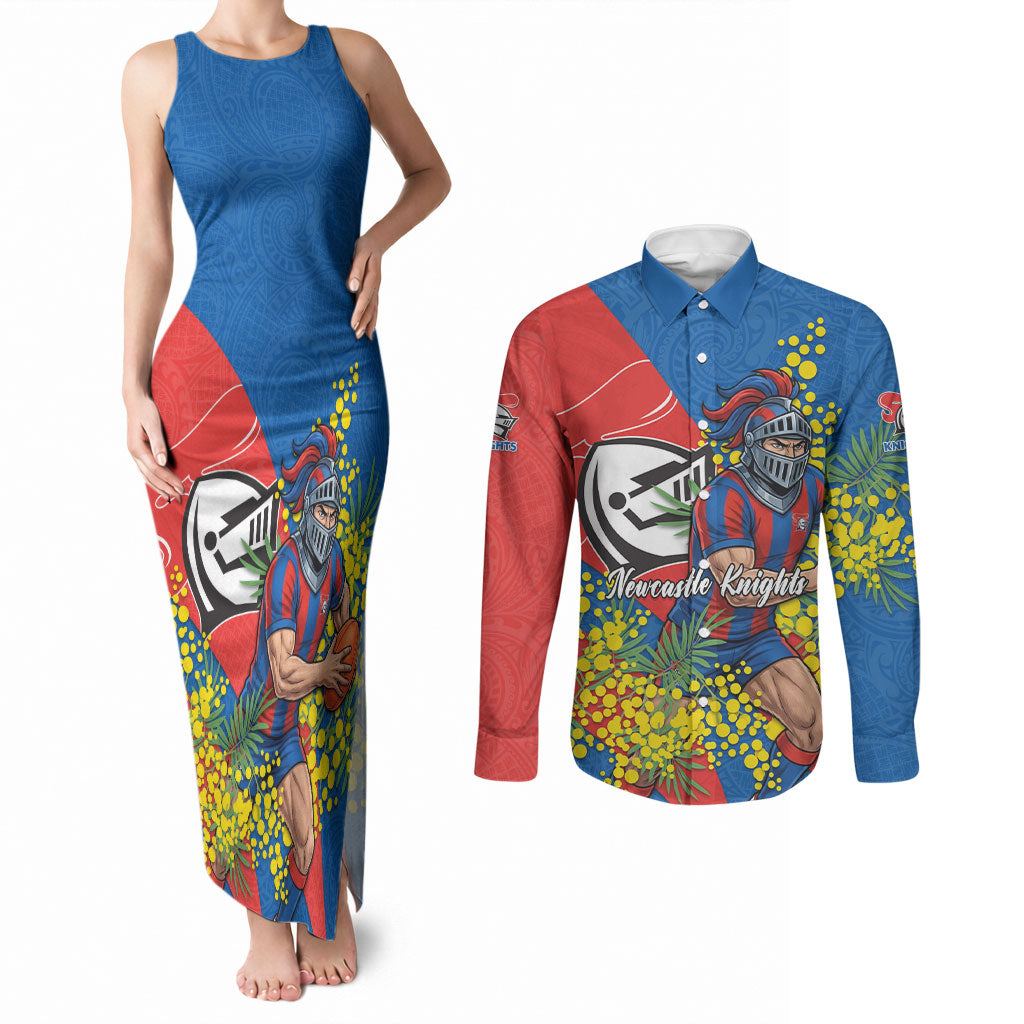 Newcastle Knights Couples Matching Tank Maxi Dress and Long Sleeve Button Shirt Golden Wattle Floral Polynesian - Australian Flower - Rugby Mascot