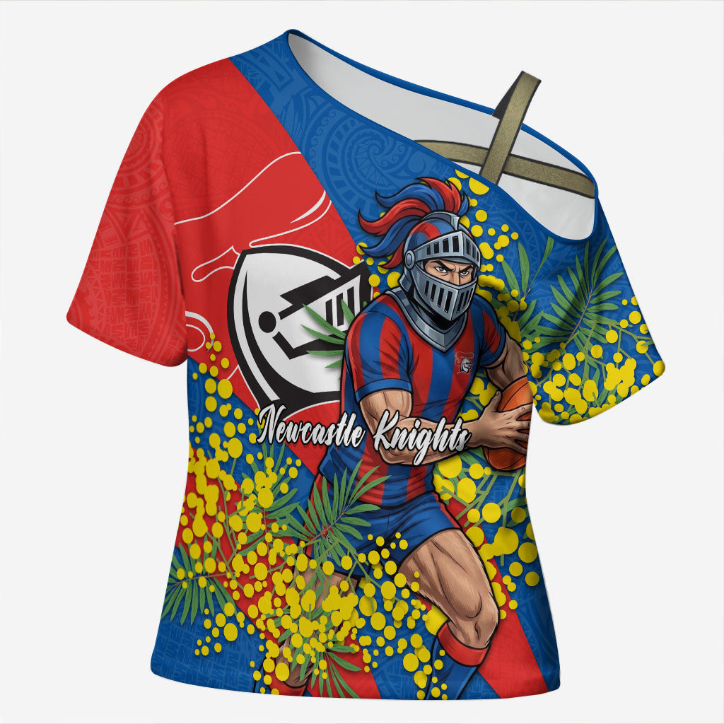 Newcastle Knights Cross Shoulder Shirt Golden Wattle Floral Polynesian - Australian Flower - Rugby Mascot