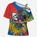 Newcastle Knights Cross Shoulder Shirt Golden Wattle Floral Polynesian - Australian Flower - Rugby Mascot