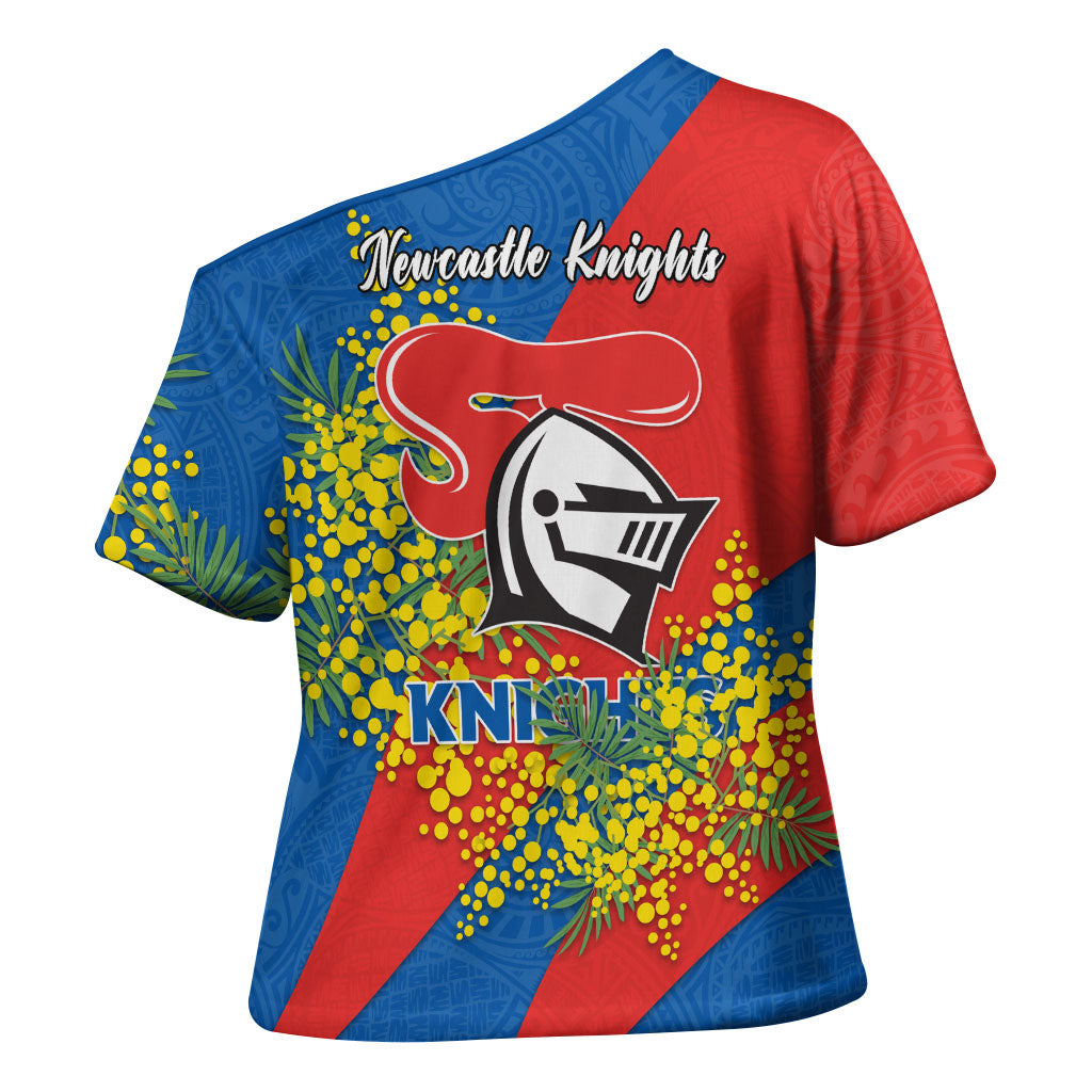 Newcastle Knights Cross Shoulder Shirt Golden Wattle Floral Polynesian - Australian Flower - Rugby Mascot