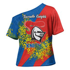 Newcastle Knights Cross Shoulder Shirt Golden Wattle Floral Polynesian - Australian Flower - Rugby Mascot