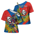 Newcastle Knights Cross Shoulder Shirt Golden Wattle Floral Polynesian - Australian Flower - Rugby Mascot