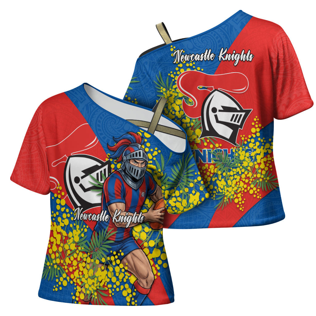 Newcastle Knights Cross Shoulder Shirt Golden Wattle Floral Polynesian - Australian Flower - Rugby Mascot