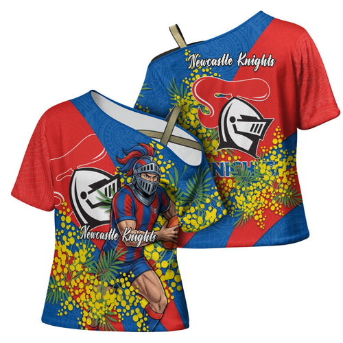 Newcastle Knights Cross Shoulder Shirt Golden Wattle Floral Polynesian - Australian Flower - Rugby Mascot