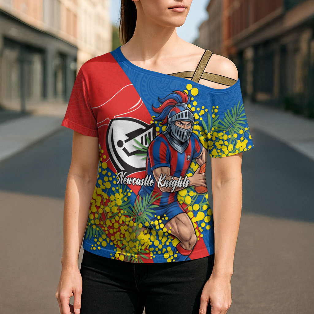 Newcastle Knights Cross Shoulder Shirt Golden Wattle Floral Polynesian - Australian Flower - Rugby Mascot