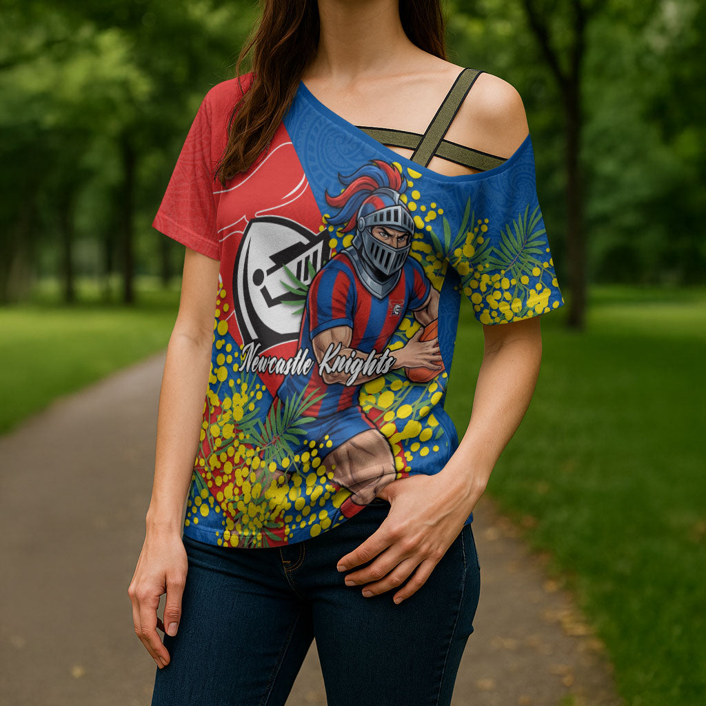 Newcastle Knights Cross Shoulder Shirt Golden Wattle Floral Polynesian - Australian Flower - Rugby Mascot