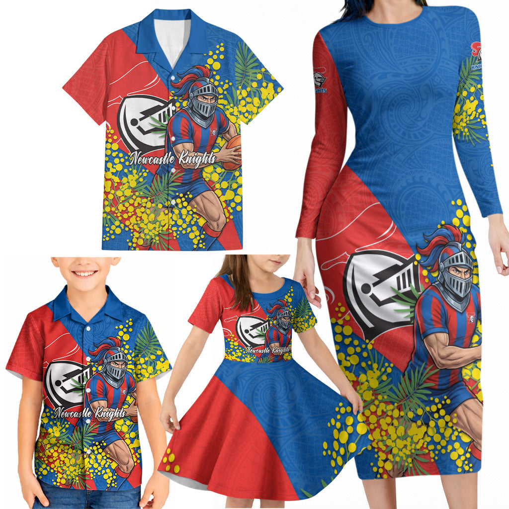 Newcastle Knights Family Matching Long Sleeve Bodycon Dress and Hawaiian Shirt Golden Wattle Floral Polynesian - Australian Flower - Rugby Mascot