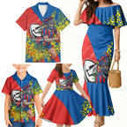 Newcastle Knights Family Matching Mermaid Dress and Hawaiian Shirt Golden Wattle Floral Polynesian - Australian Flower - Rugby Mascot