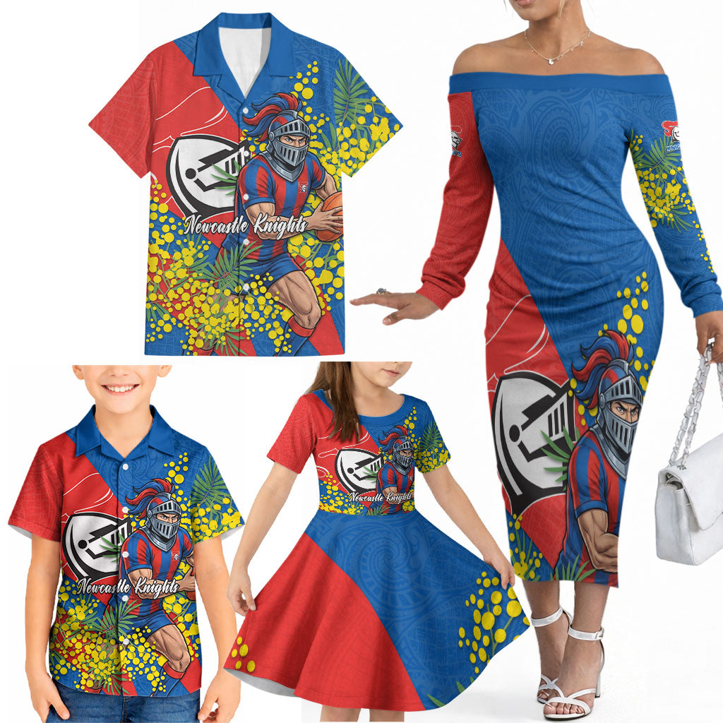 Newcastle Knights Family Matching Off The Shoulder Long Sleeve Dress and Hawaiian Shirt Golden Wattle Floral Polynesian - Australian Flower - Rugby Mascot