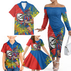 Newcastle Knights Family Matching Off The Shoulder Long Sleeve Dress and Hawaiian Shirt Golden Wattle Floral Polynesian - Australian Flower - Rugby Mascot