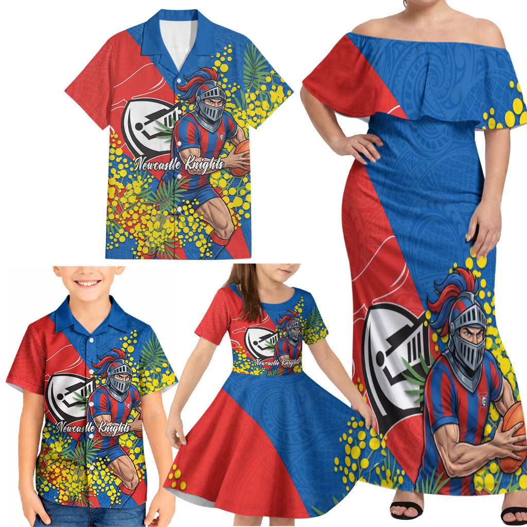 Newcastle Knights Family Matching Off Shoulder Maxi Dress and Hawaiian Shirt Golden Wattle Floral Polynesian - Australian Flower - Rugby Mascot