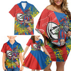Newcastle Knights Family Matching Off Shoulder Short Dress and Hawaiian Shirt Golden Wattle Floral Polynesian - Australian Flower - Rugby Mascot