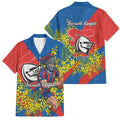 Newcastle Knights Family Matching Off Shoulder Short Dress and Hawaiian Shirt Golden Wattle Floral Polynesian - Australian Flower - Rugby Mascot