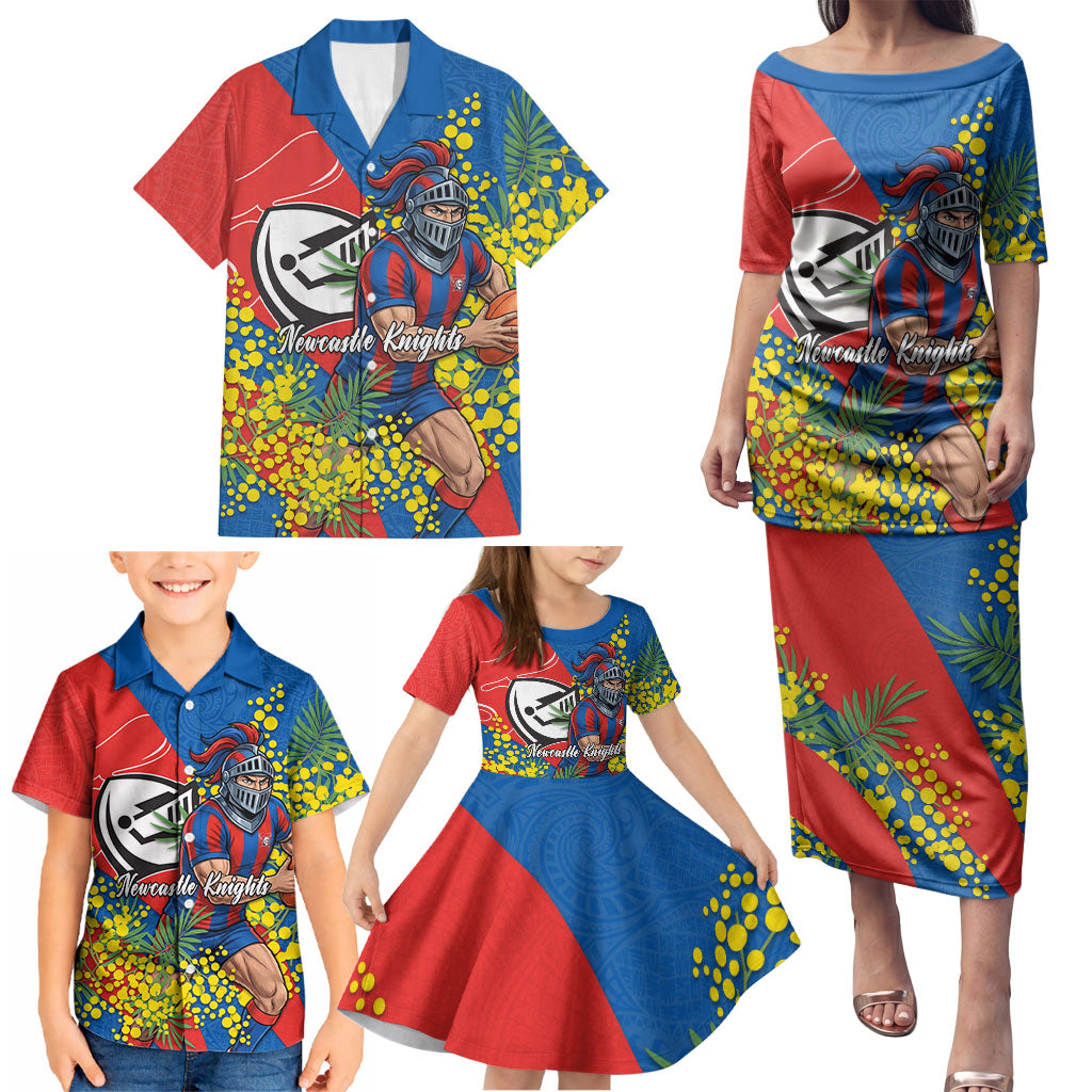 Newcastle Knights Family Matching Puletasi and Hawaiian Shirt Golden Wattle Floral Polynesian - Australian Flower - Rugby Mascot