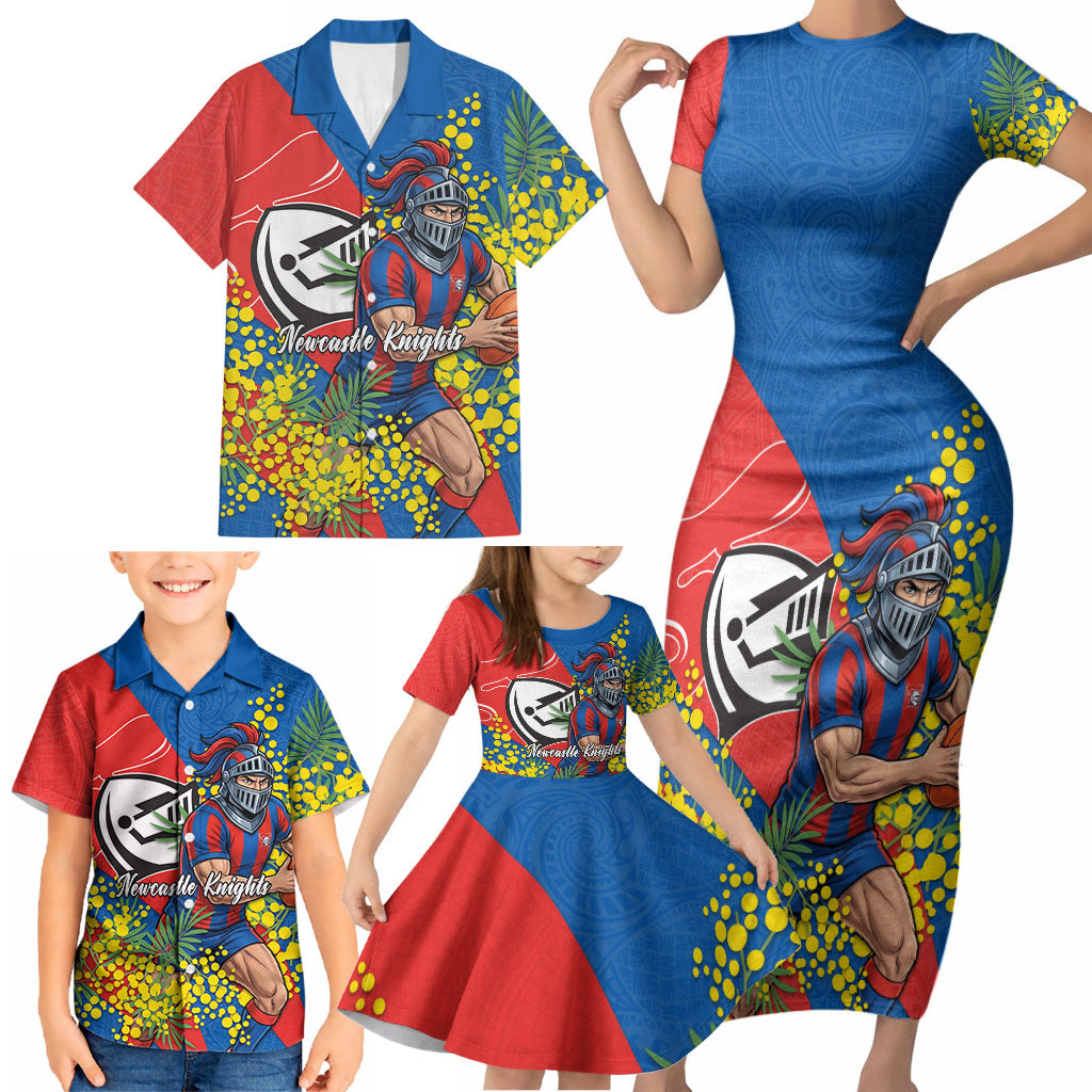 Newcastle Knights Family Matching Short Sleeve Bodycon Dress and Hawaiian Shirt Golden Wattle Floral Polynesian - Australian Flower - Rugby Mascot