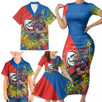 Newcastle Knights Family Matching Short Sleeve Bodycon Dress and Hawaiian Shirt Golden Wattle Floral Polynesian - Australian Flower - Rugby Mascot