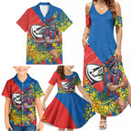 Newcastle Knights Family Matching Summer Maxi Dress and Hawaiian Shirt Golden Wattle Floral Polynesian - Australian Flower - Rugby Mascot