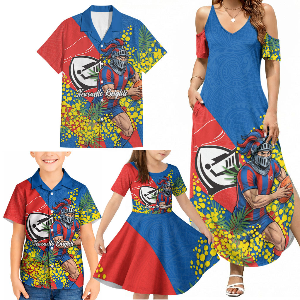 Newcastle Knights Family Matching Summer Maxi Dress and Hawaiian Shirt Golden Wattle Floral Polynesian - Australian Flower - Rugby Mascot