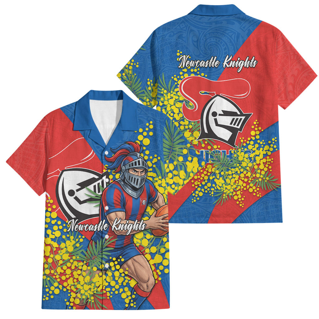 Newcastle Knights Family Matching Summer Maxi Dress and Hawaiian Shirt Golden Wattle Floral Polynesian - Australian Flower - Rugby Mascot
