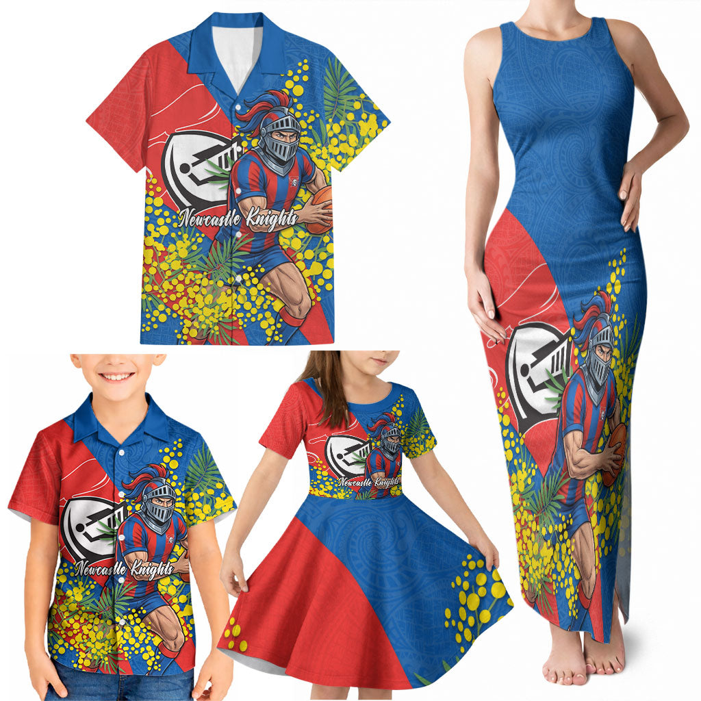 Newcastle Knights Family Matching Tank Maxi Dress and Hawaiian Shirt Golden Wattle Floral Polynesian - Australian Flower - Rugby Mascot