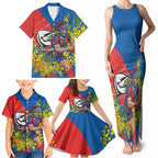 Newcastle Knights Family Matching Tank Maxi Dress and Hawaiian Shirt Golden Wattle Floral Polynesian - Australian Flower - Rugby Mascot
