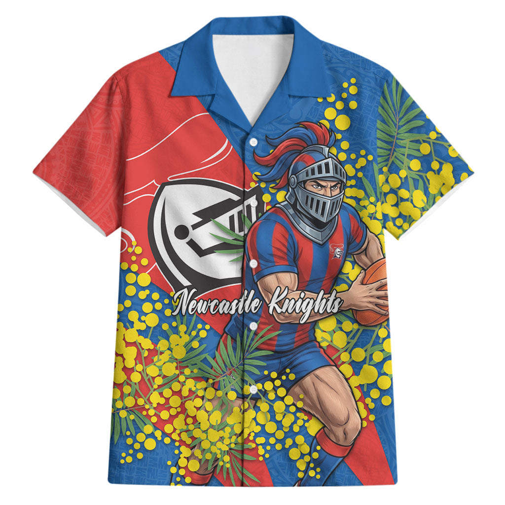 Newcastle Knights Hawaiian Shirt Golden Wattle Floral Polynesian - Australian Flower - Rugby Mascot