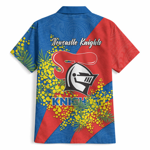 Newcastle Knights Hawaiian Shirt Golden Wattle Floral Polynesian - Australian Flower - Rugby Mascot
