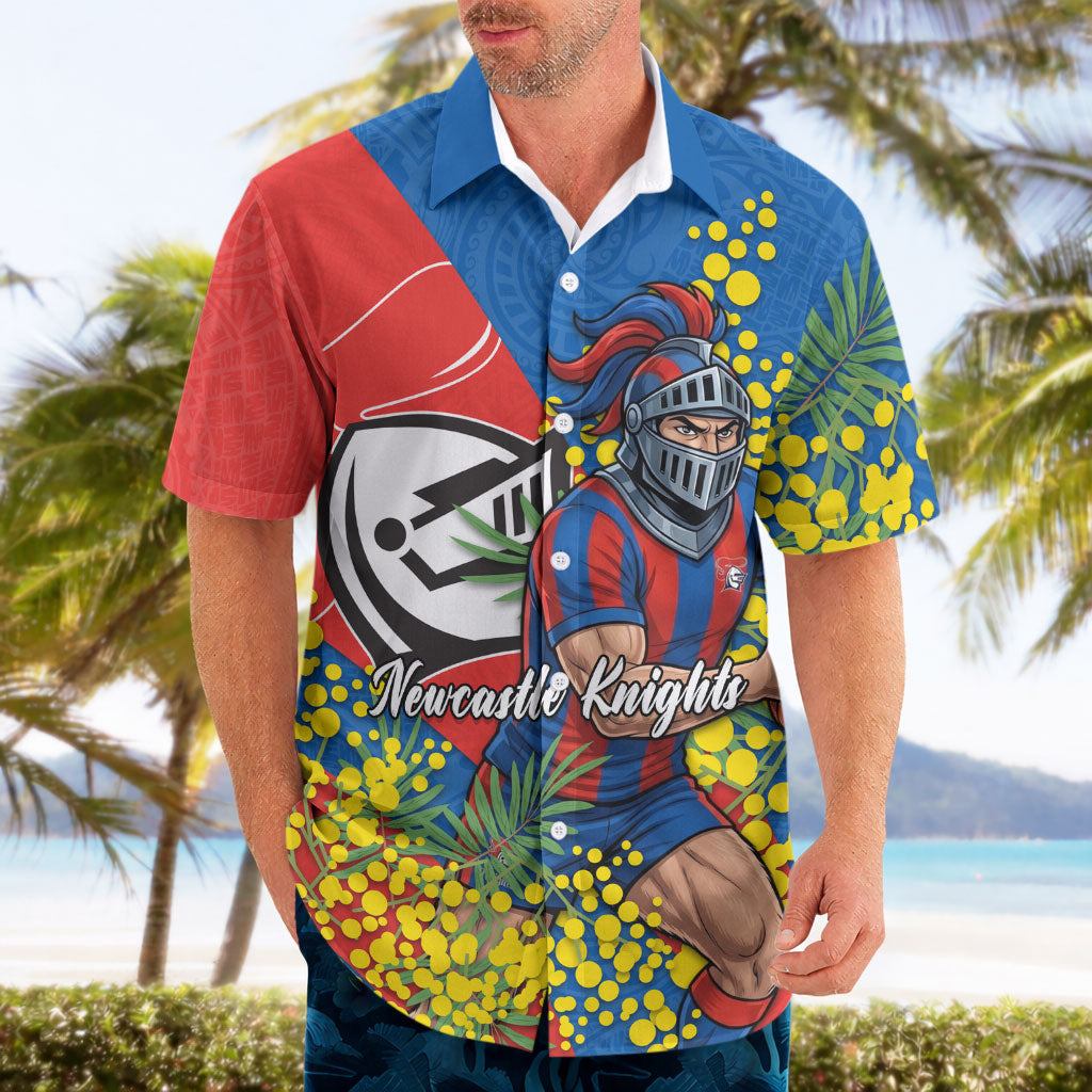 Newcastle Knights Hawaiian Shirt Golden Wattle Floral Polynesian - Australian Flower - Rugby Mascot