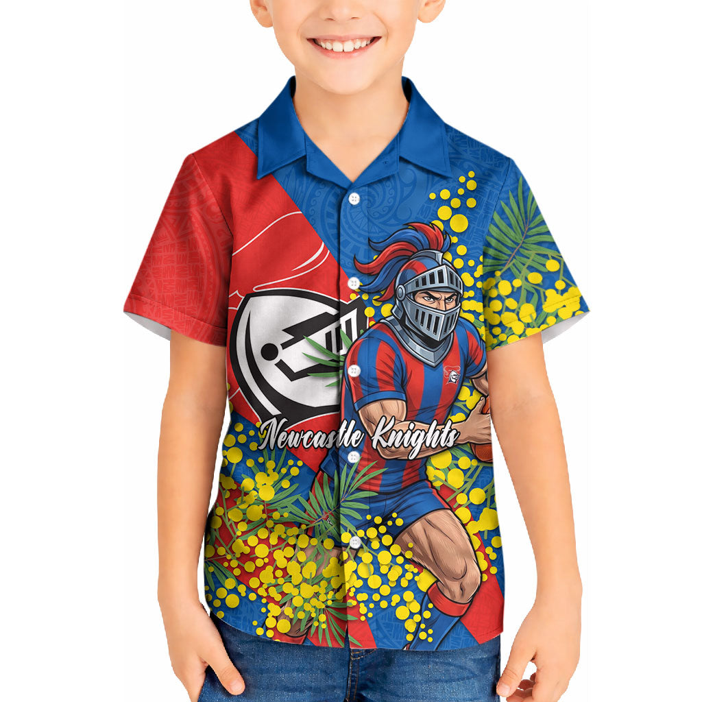 Newcastle Knights Kid Hawaiian Shirt Golden Wattle Floral Polynesian - Australian Flower - Rugby Mascot