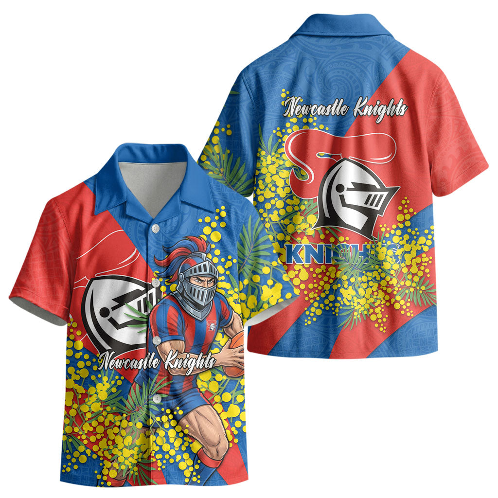 Newcastle Knights Kid Hawaiian Shirt Golden Wattle Floral Polynesian - Australian Flower - Rugby Mascot