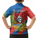 Newcastle Knights Kid Hawaiian Shirt Golden Wattle Floral Polynesian - Australian Flower - Rugby Mascot
