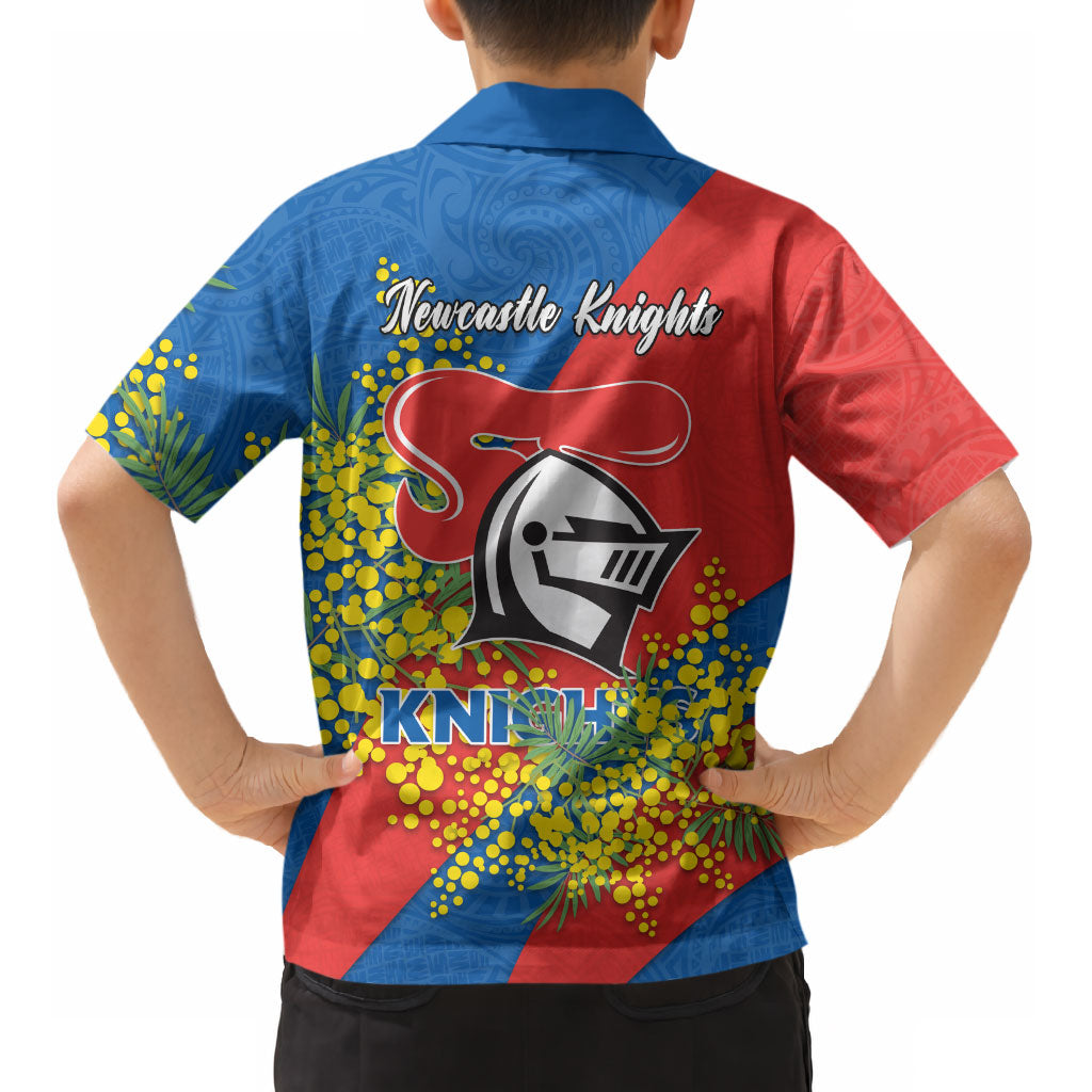 Newcastle Knights Kid Hawaiian Shirt Golden Wattle Floral Polynesian - Australian Flower - Rugby Mascot
