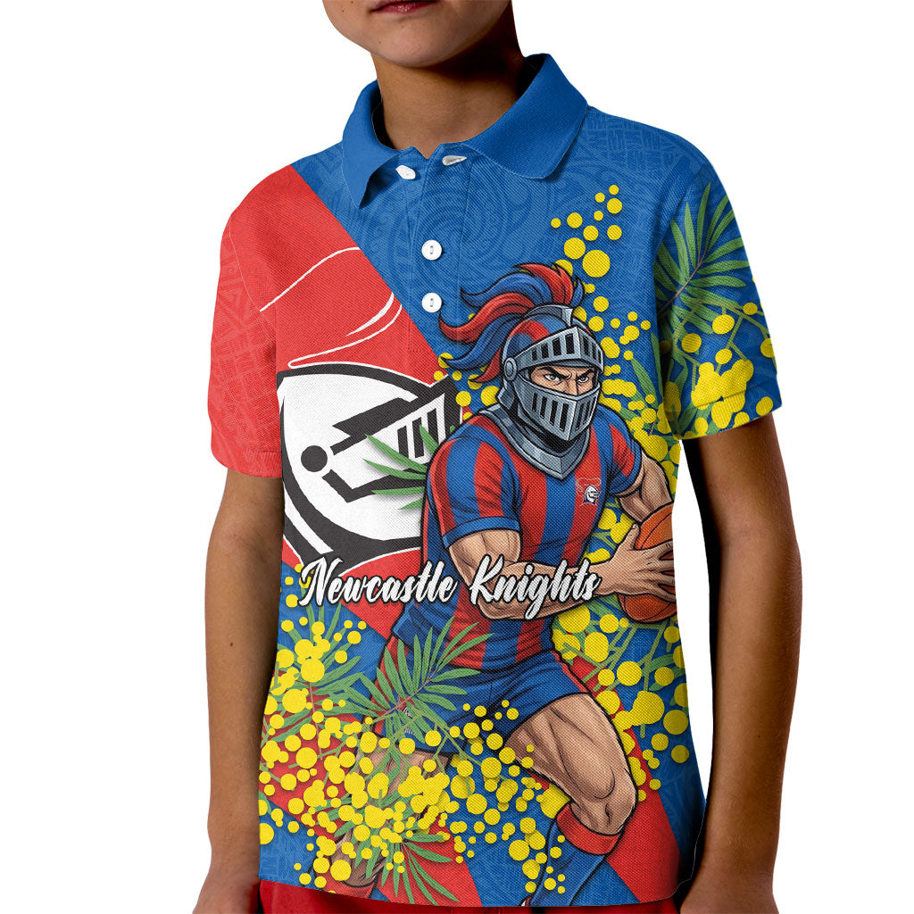 Newcastle Knights Kid Polo Shirt Golden Wattle Floral Polynesian - Australian Flower - Rugby Mascot