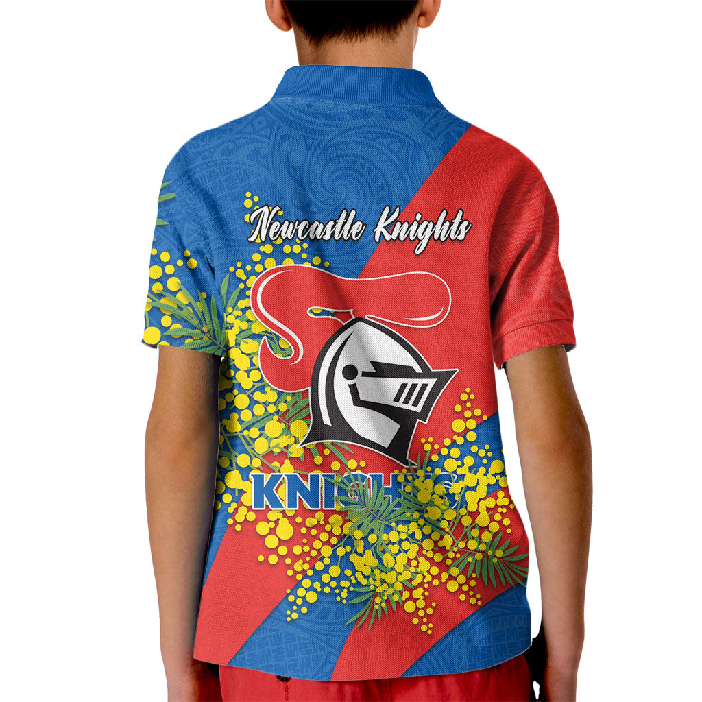 Newcastle Knights Kid Polo Shirt Golden Wattle Floral Polynesian - Australian Flower - Rugby Mascot