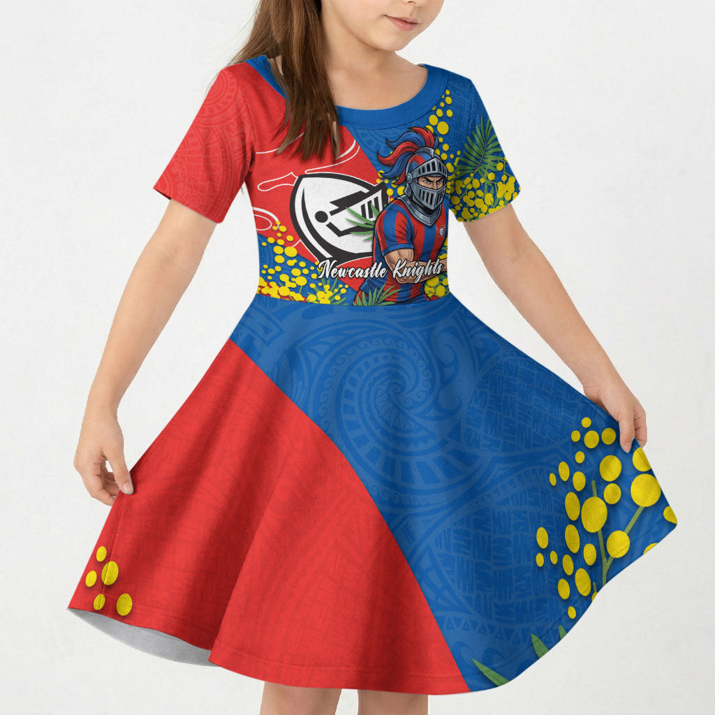 Newcastle Knights Kid Short Sleeve Dress Golden Wattle Floral Polynesian - Australian Flower - Rugby Mascot