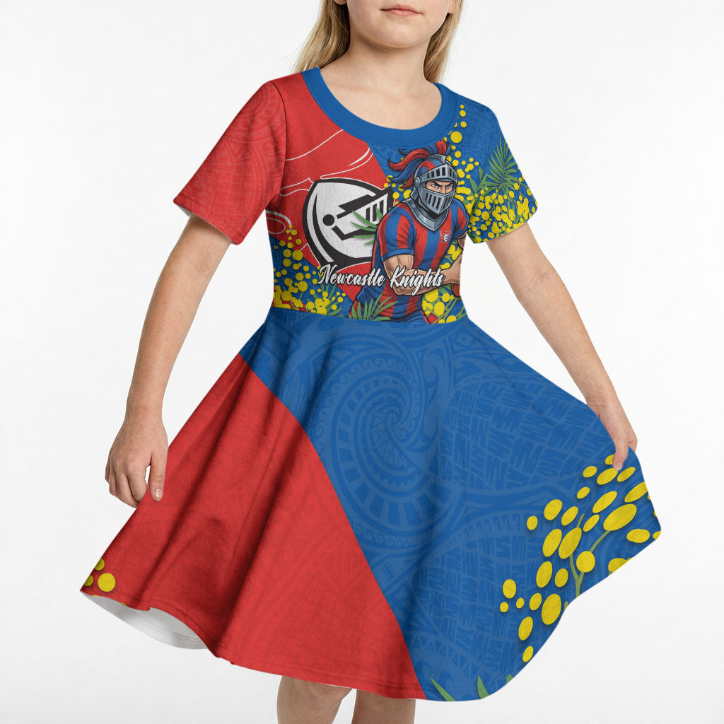 Newcastle Knights Kid Short Sleeve Dress Golden Wattle Floral Polynesian - Australian Flower - Rugby Mascot