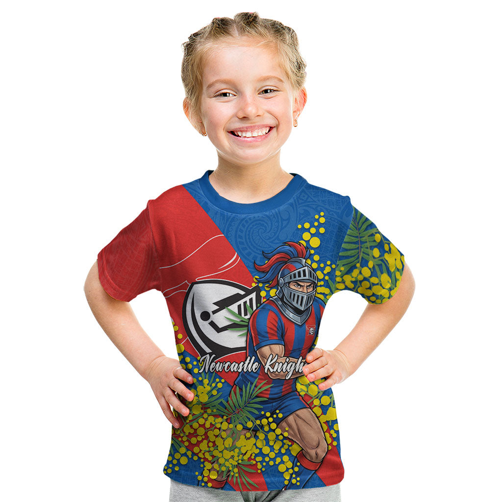 Newcastle Knights Kid T Shirt Golden Wattle Floral Polynesian - Australian Flower - Rugby Mascot