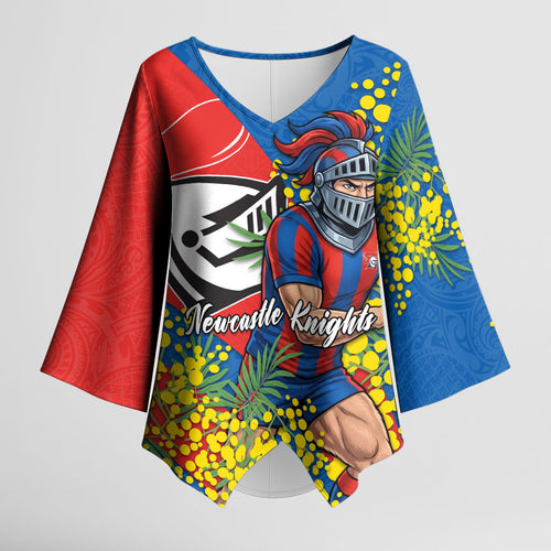 Newcastle Knights Kimono Sleeve Blouse Golden Wattle Floral Polynesian - Australian Flower - Rugby Mascot