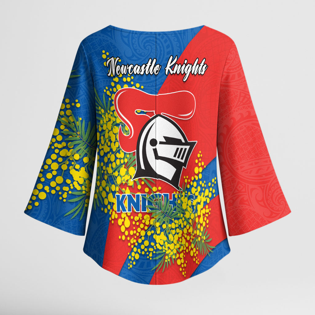 Newcastle Knights Kimono Sleeve Blouse Golden Wattle Floral Polynesian - Australian Flower - Rugby Mascot
