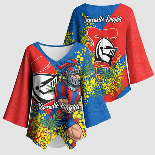 Newcastle Knights Kimono Sleeve Blouse Golden Wattle Floral Polynesian - Australian Flower - Rugby Mascot