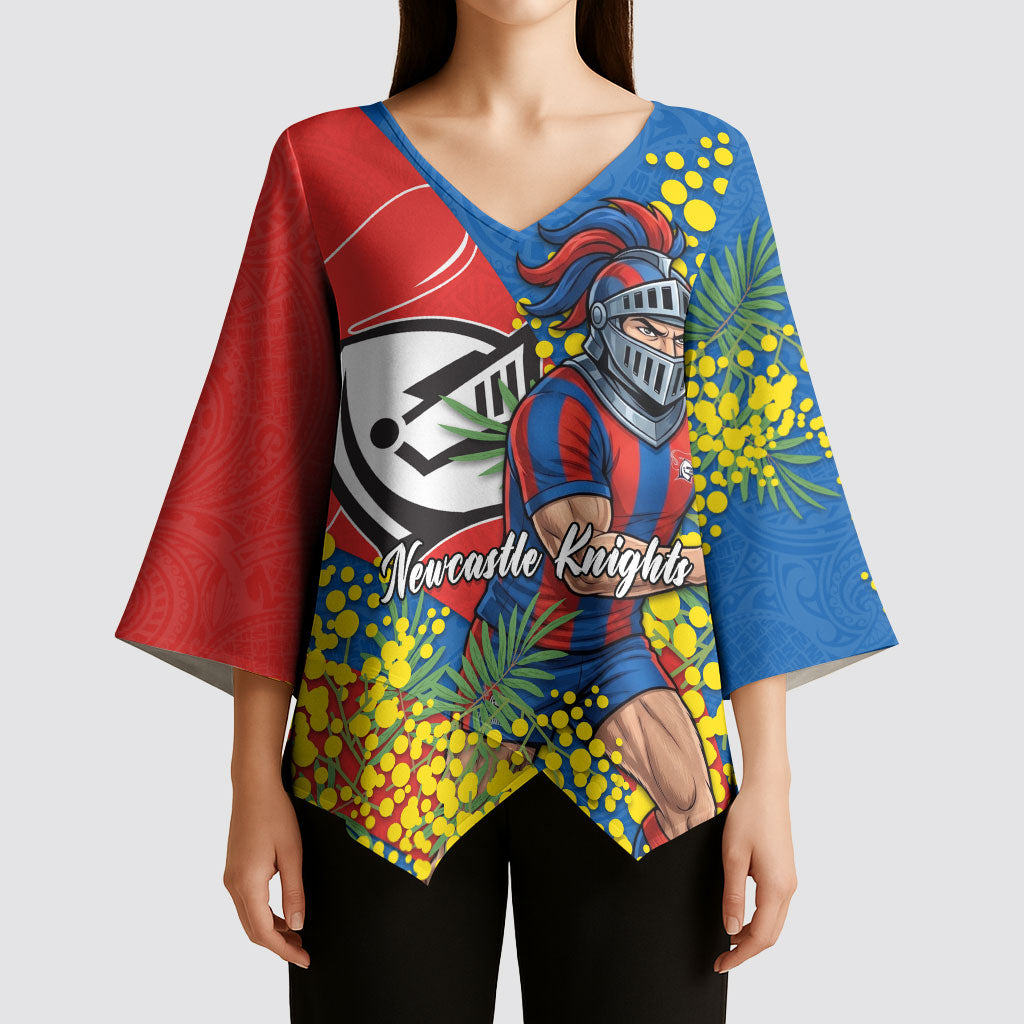 Newcastle Knights Kimono Sleeve Blouse Golden Wattle Floral Polynesian - Australian Flower - Rugby Mascot