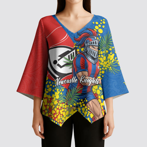 Newcastle Knights Kimono Sleeve Blouse Golden Wattle Floral Polynesian - Australian Flower - Rugby Mascot