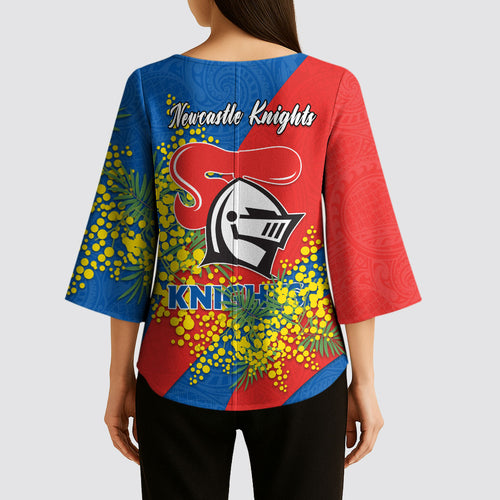 Newcastle Knights Kimono Sleeve Blouse Golden Wattle Floral Polynesian - Australian Flower - Rugby Mascot
