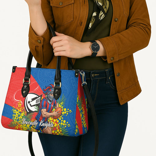 Newcastle Knights Leather Bag Golden Wattle Floral Polynesian - Australian Flower - Rugby Mascot