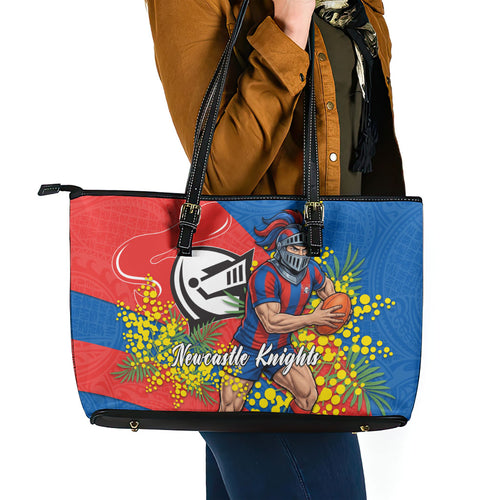 Newcastle Knights Leather Tote Bag Golden Wattle Floral Polynesian - Australian Flower - Rugby Mascot