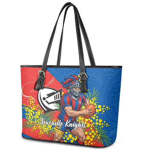 Newcastle Knights Leather Tote Bag Golden Wattle Floral Polynesian - Australian Flower - Rugby Mascot