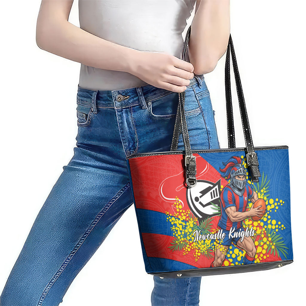 Newcastle Knights Leather Tote Bag Golden Wattle Floral Polynesian - Australian Flower - Rugby Mascot